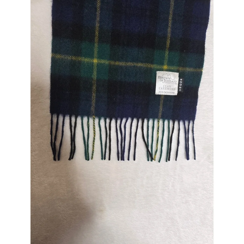 Heritage of Scotland Clan Cashmere Scarf Navy Green Yellow Tartan Plaid Fringe